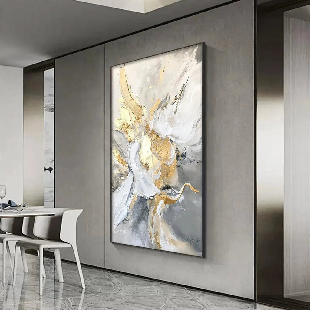 ETHEREAL GOLD: Impasto Mesmerizing White Grey Gold Canvas