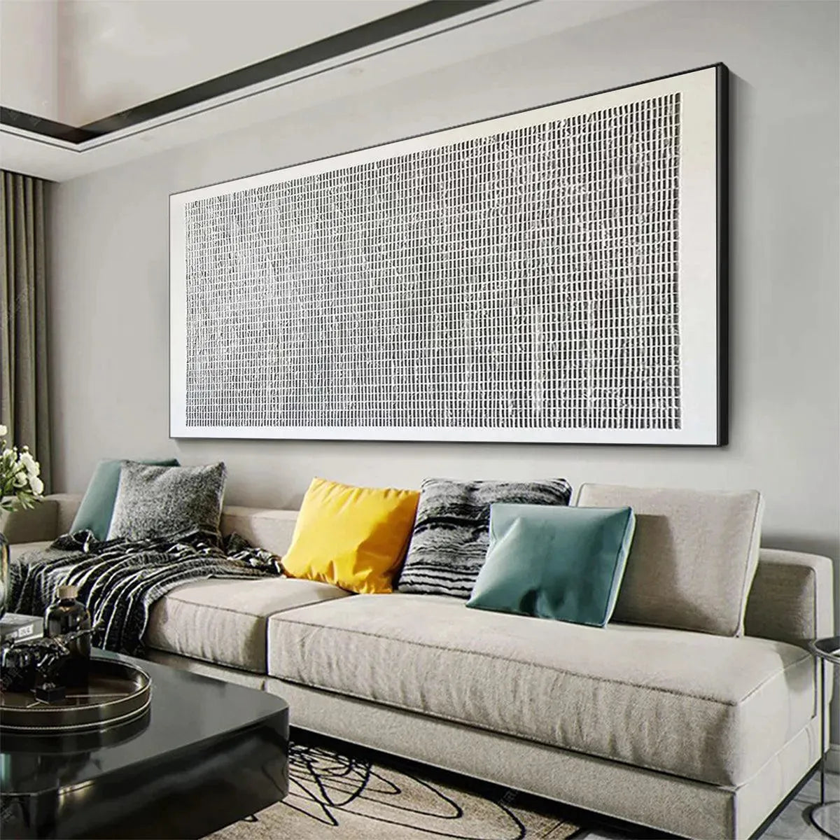 Javier Ramirez minimalist grey and white woven texture painting in a modern living room setting