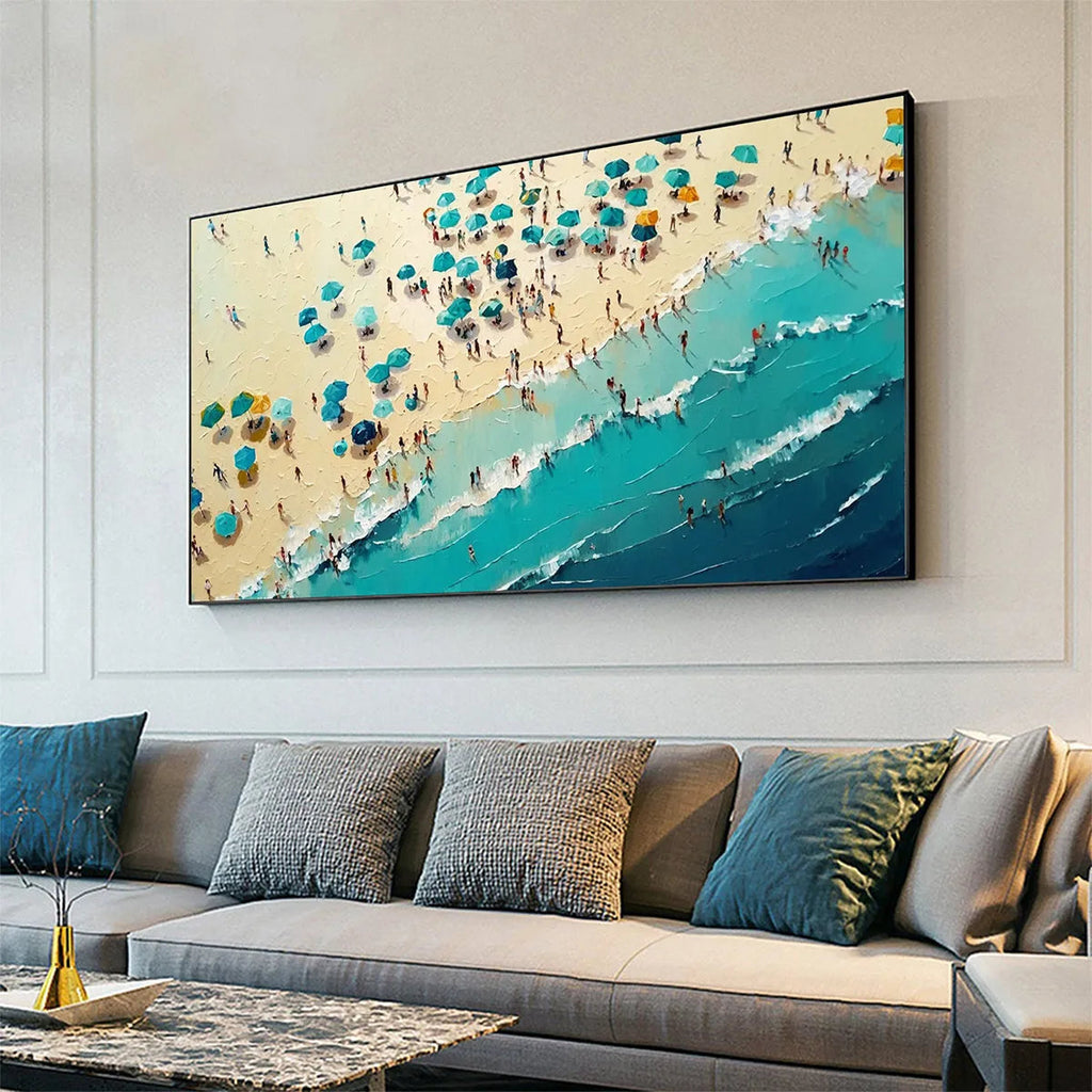 SUMMER AFTERNOON: Colorful Beach Umbrellas Turquoise Waves Oil Painting