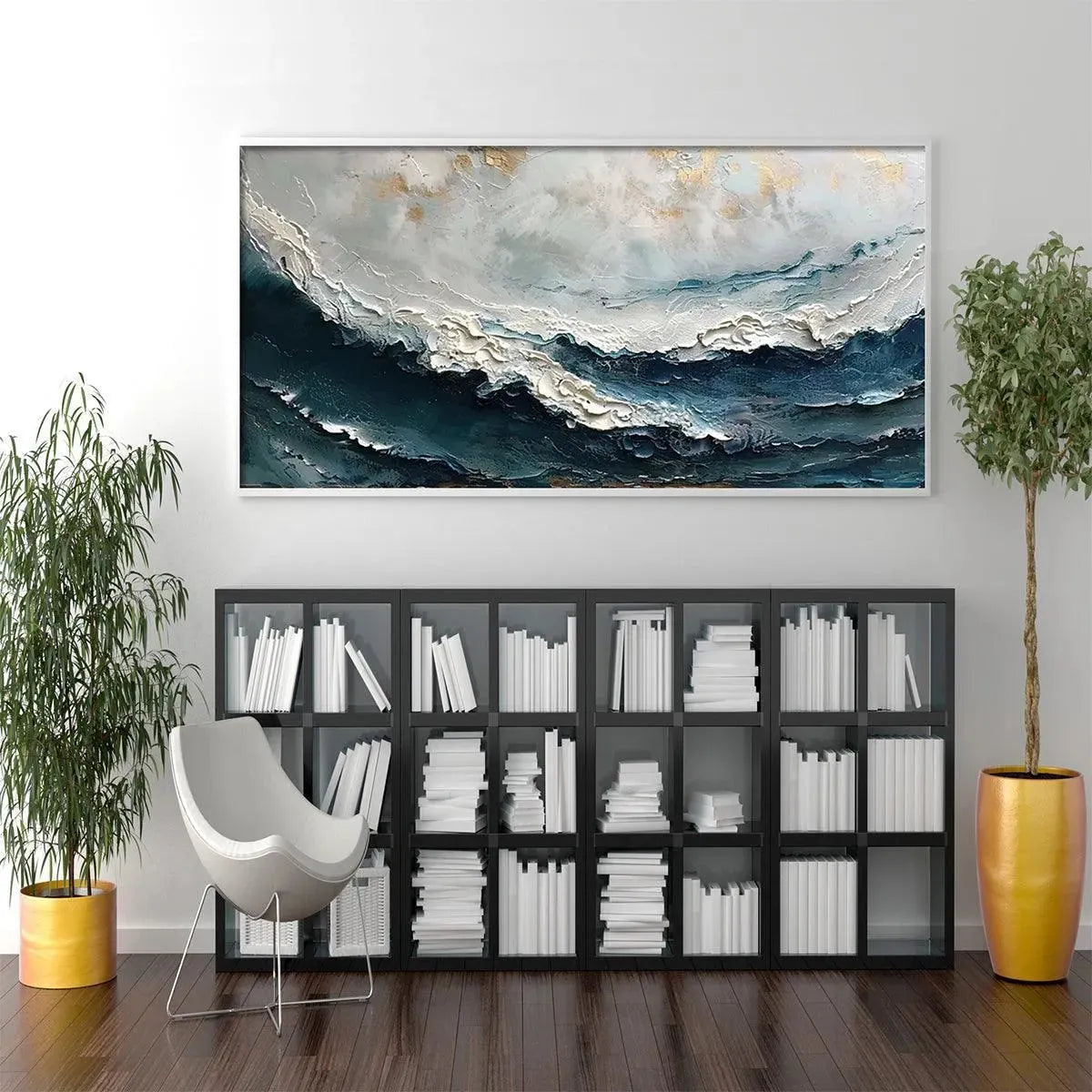Liam O'Connell's Ocean Dream painting. Textured blue, white, gold ocean waves framed art, modern living room decor.