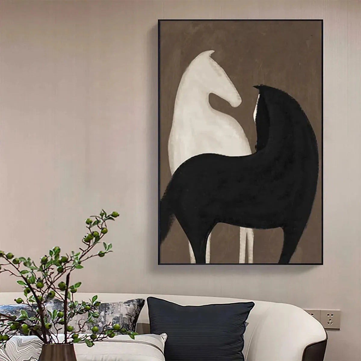 Javier Ramirez 'Two Horses on Brown' minimalist art. Black and white horse painting, vertical wall art, framed. MontCarta.
