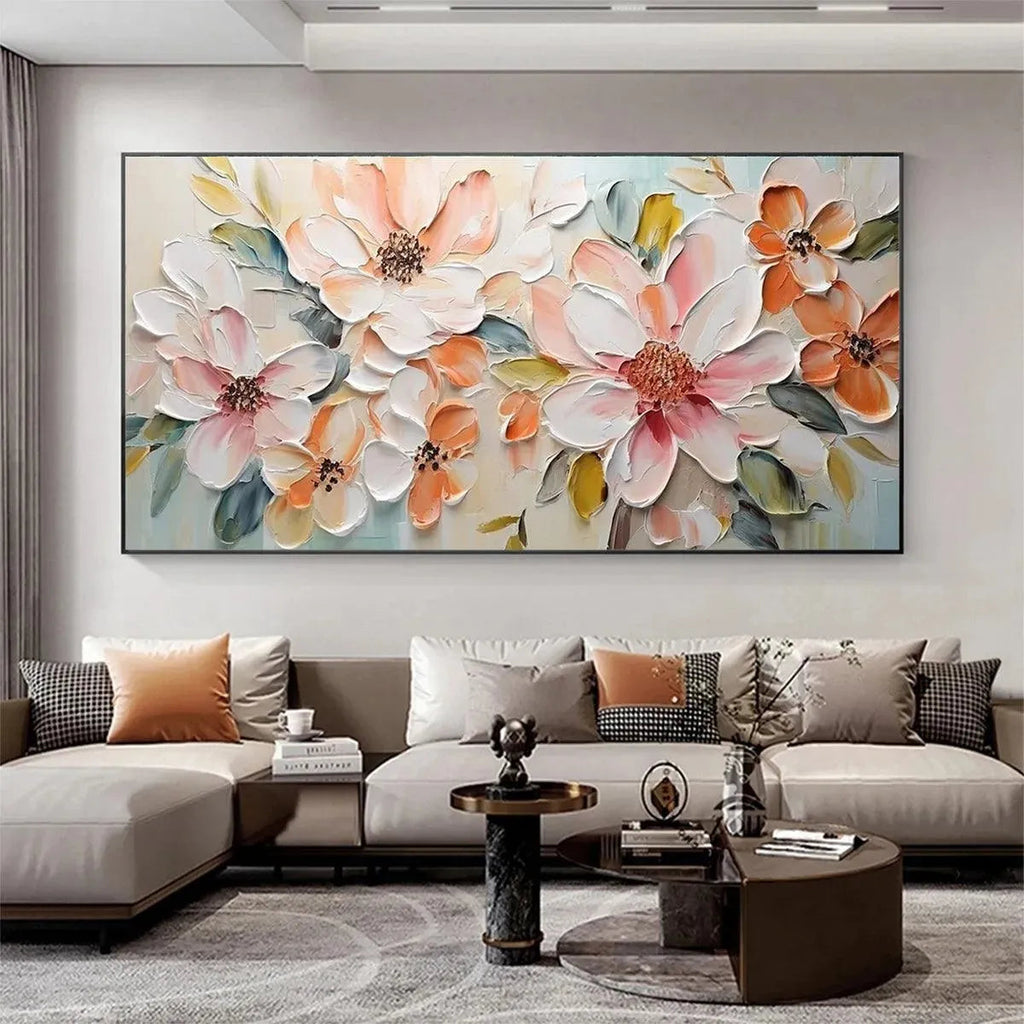 PEACH BLOSSOM: Textured impasto painting of peach and white floral blooms by Isabella Rossi, showcasing thick brushstrokes.