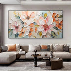 PEACH BLOSSOM: Textured impasto painting of peach and white floral blooms by Isabella Rossi, showcasing thick brushstrokes.
