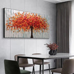 Isabella Rossi's Autumn Fire textured impasto tree painting with vibrant orange and red leaves in a modern dining room.