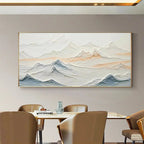 Original textured abstract mountain wall art, "Tranquil Peaks" by Chen Liu. Beige, blue, peach hues, framed.