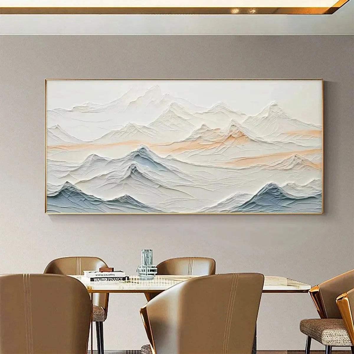 Original textured abstract mountain wall art, "Tranquil Peaks" by Chen Liu. Beige, blue, peach hues, framed.