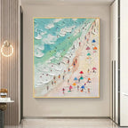 Isabella Rossi's BEACH DAY painting: Textured beach scene with umbrellas and figures, original artwork, framed.