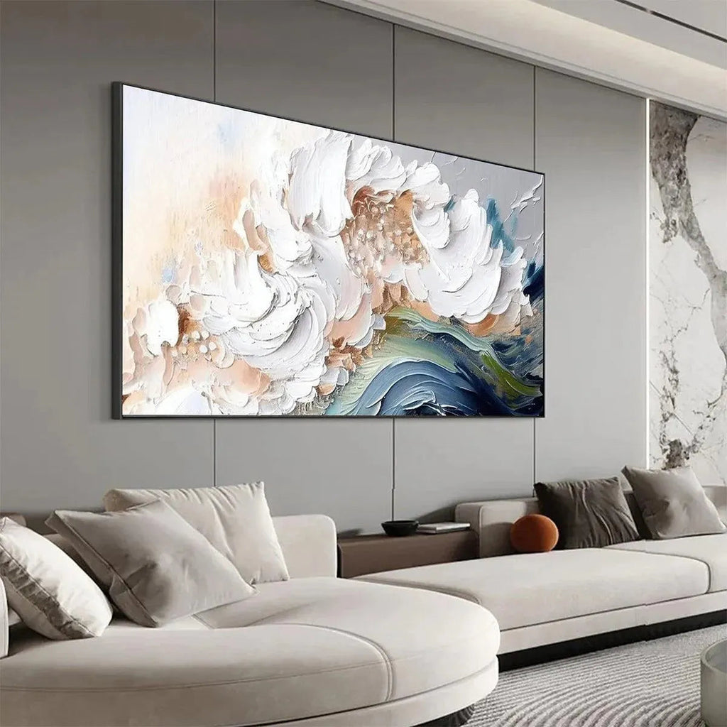OCEAN WHISPERS: Textured Soft White Cream Blue Waves Seascape Canvas