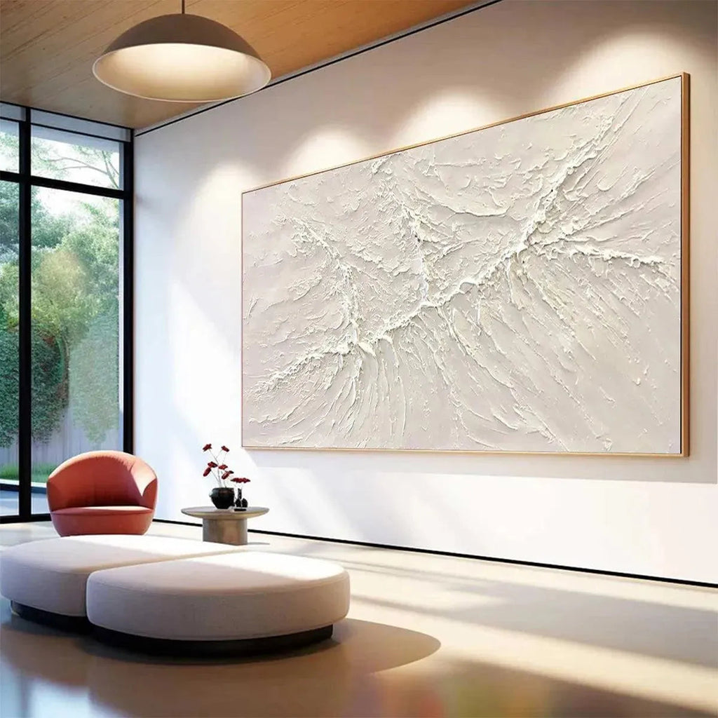 WHITE SANDS textured minimalist painting by Javier Ramirez, white abstract art with gold frame, modern decor.