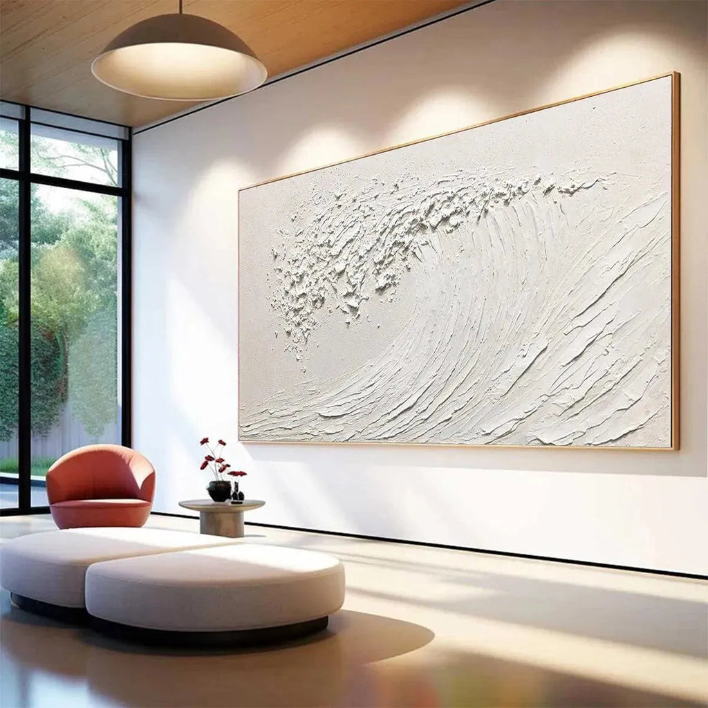White Wave ocean wave painting by Liam O'Connell. Minimalist textured white art, Wabi Sabi aesthetic, framed.