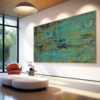 GOLDEN TIDE: Textured teal and gold abstract painting, horizontal canvas art in modern living room.