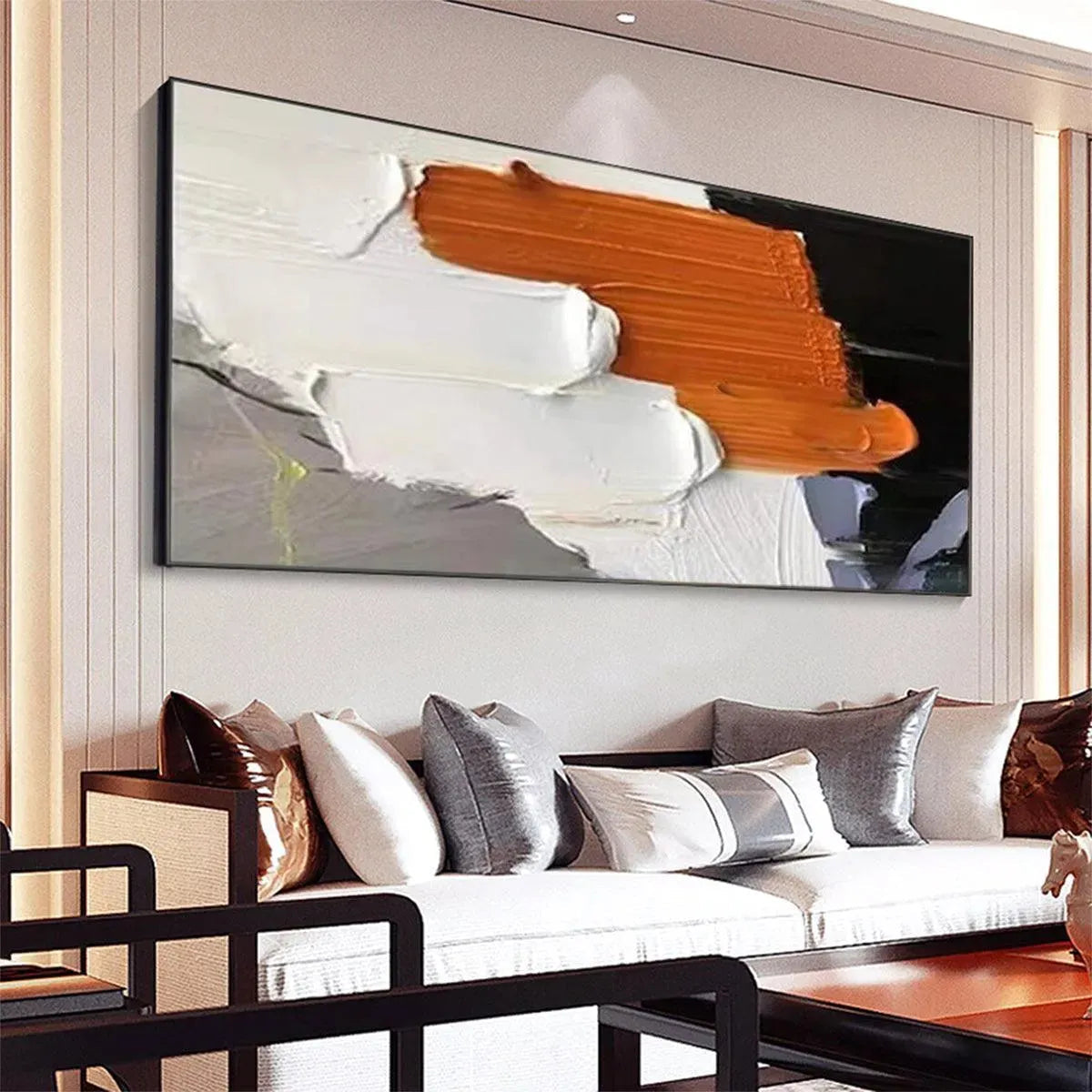 Isabella Rossi Orange Burst textured abstract impasto painting, orange, white, black, and gray for living room.