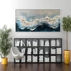FROZEN MOTION abstract waterscape painting by Liam O'Connell. Textured teal, white, and blue artwork, framed.