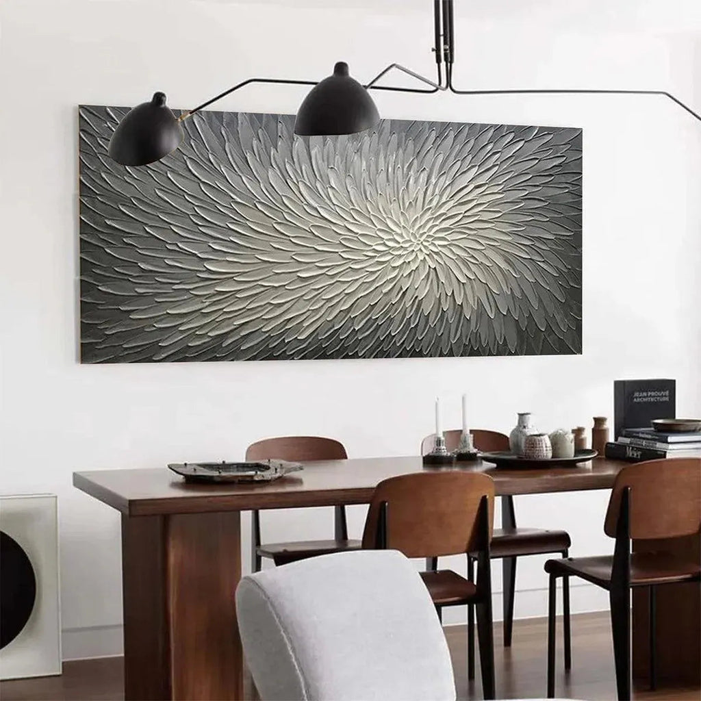 Silver Swirl abstract painting by Isabella Rossi, grey and white textured artwork for dining room decor.