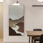 EARTH RIVER: Textured brown and white minimalist mountain landscape painting with a winding white river by Chen Liu.