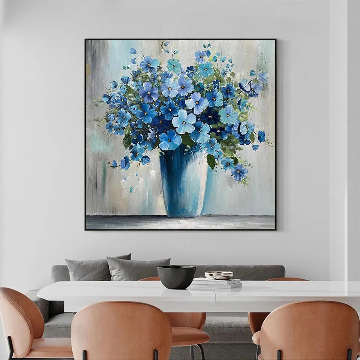 BLUE SERENITY: Deep Blue Flower Oil Painting