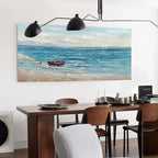 Red Boat at the Shore coastal art piece, perfectly sized for a modern dining room with walnut table.