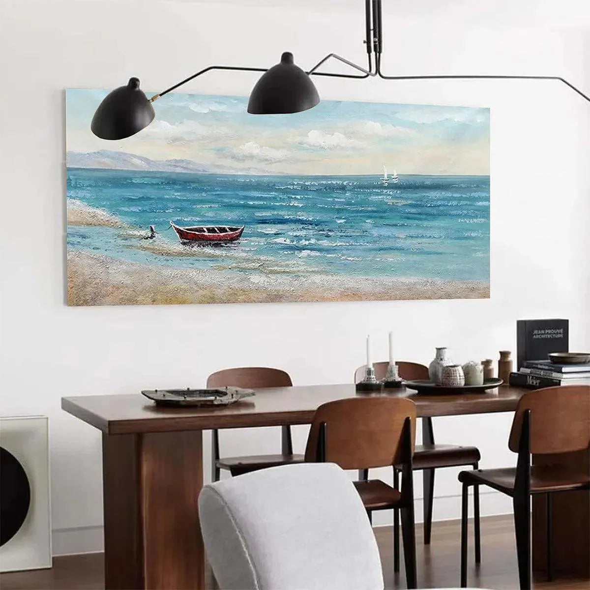 Red Boat at the Shore coastal art piece, perfectly sized for a modern dining room with walnut table.