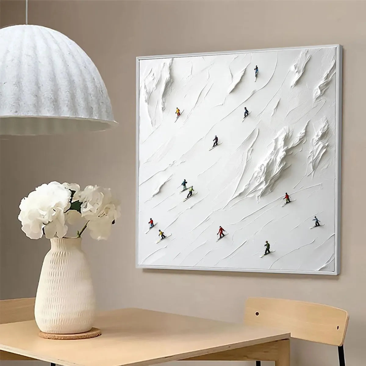 WHITE RUSH: Minimalist Skiing Painting on Textured Canvas