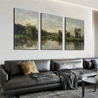 Riverside Triptych by Chen Liu: Set of 3 traditional Chinese landscape paintings, framed, serene riverside view.