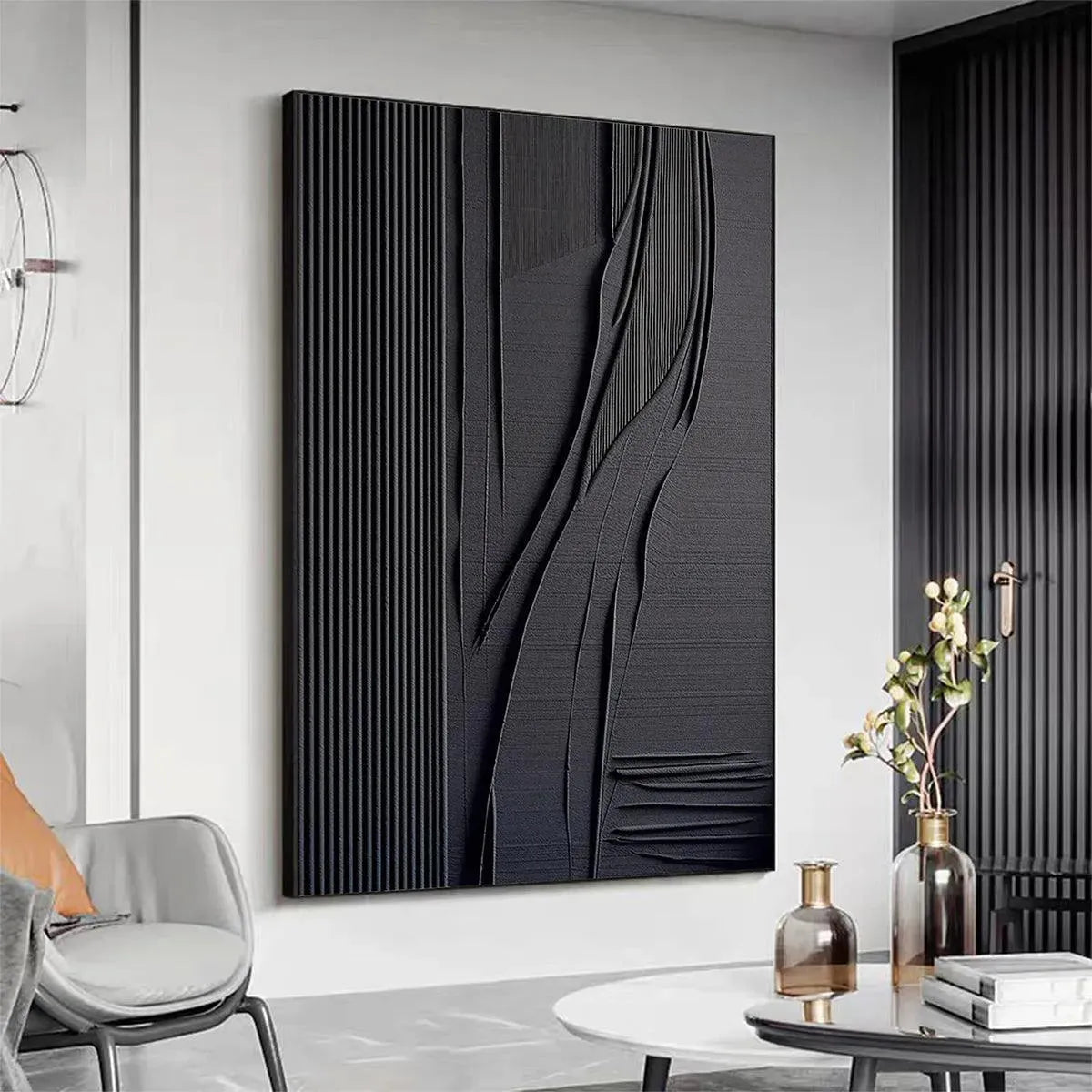 Black Textured Lines and Curves painting by Javier Ramirez, modern minimalist wall art, vertical artwork, contemporary style
