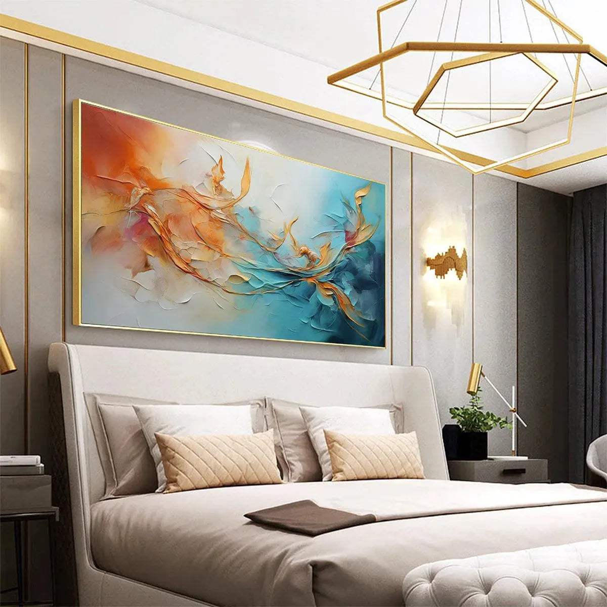 GOLDEN CURRENTS: Flowing Teal Gold Abstract Panoramic Canvas