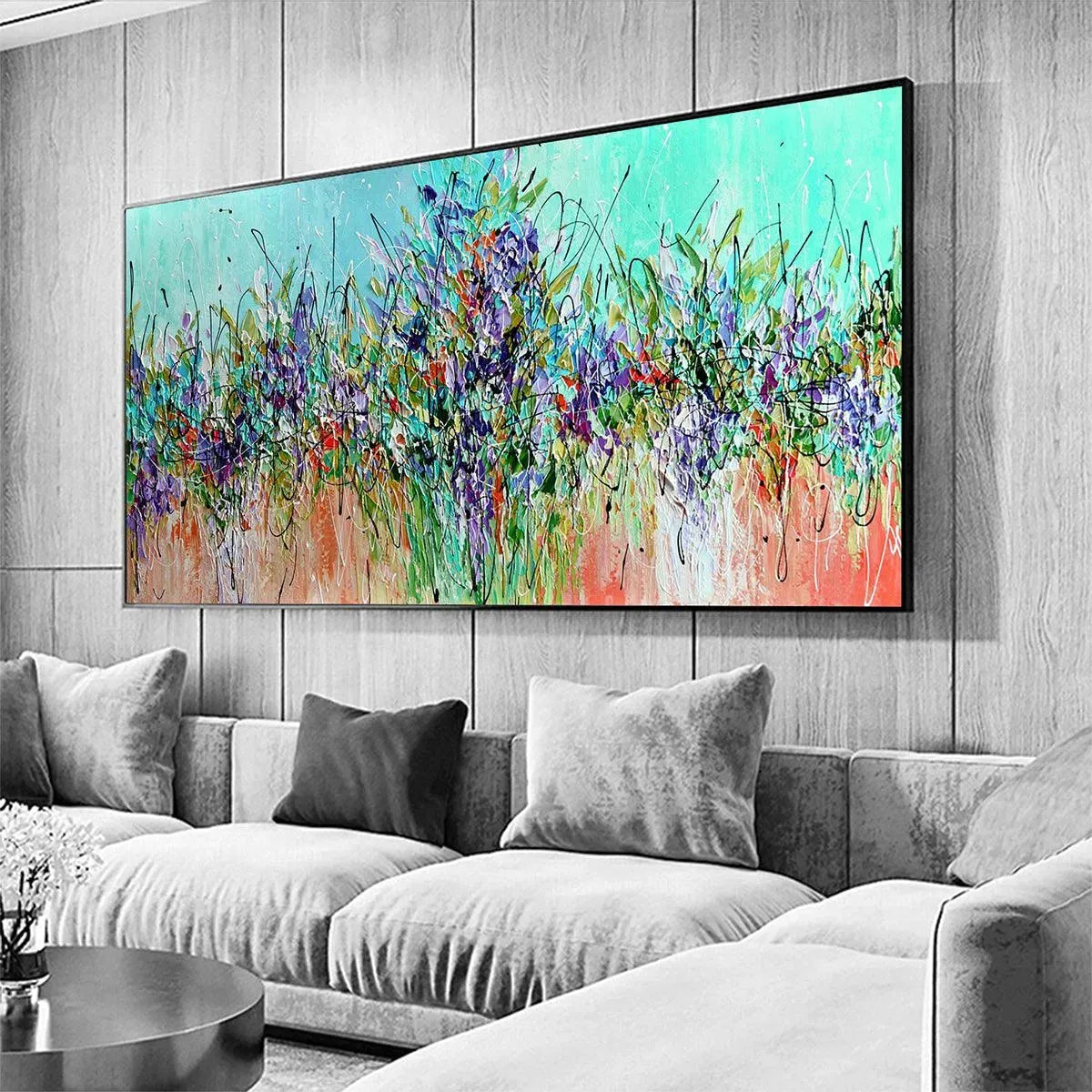 LILAC MEADOW: Panoramic Impasto Floral Art Wildflower Field