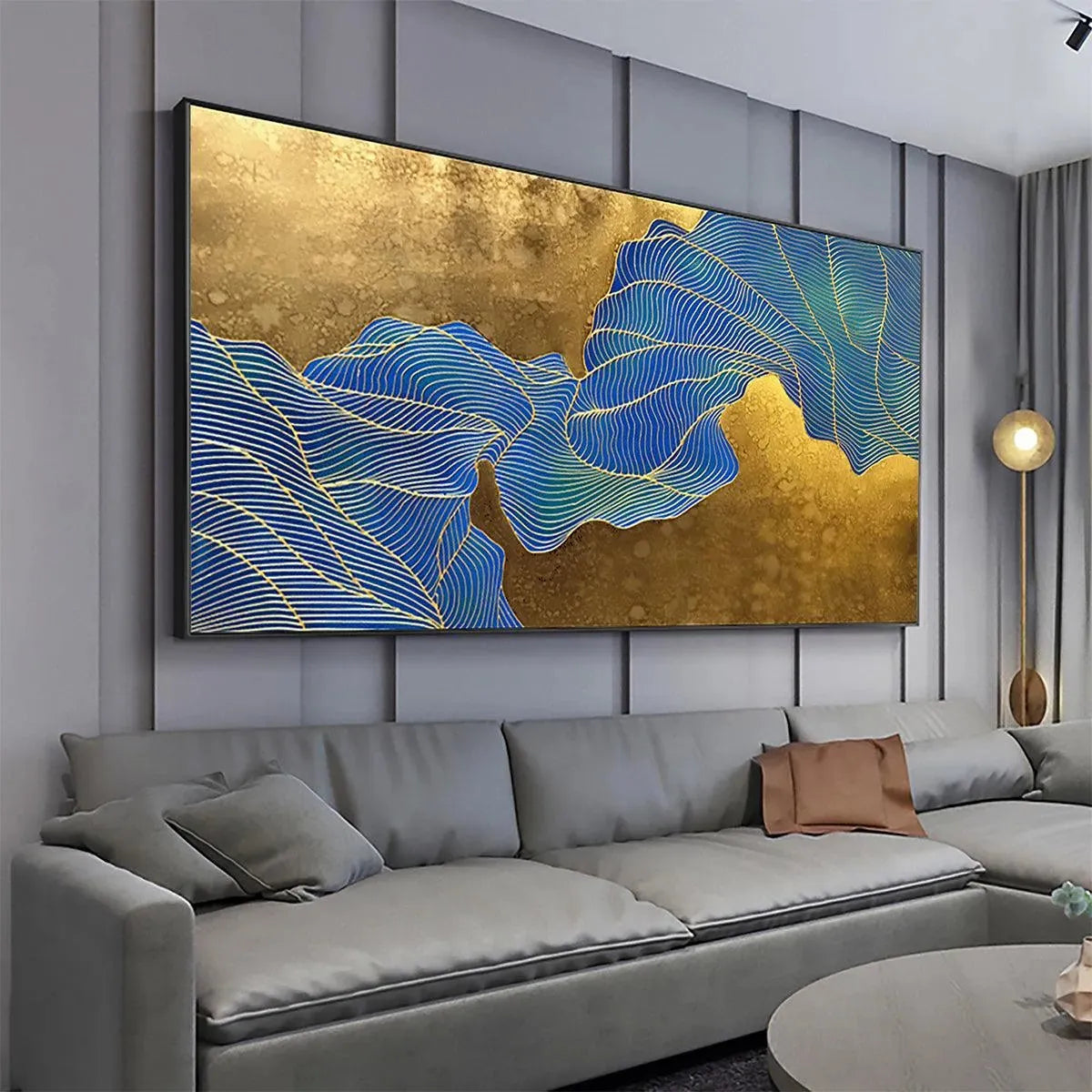 GOLDEN FLOW: Flowing Blue Lines Textured Gold Background Canvas