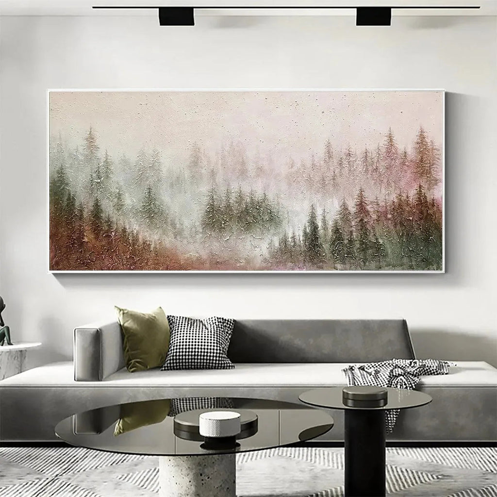 MISTY PINES: Panoramic Soft Fog Pine Forest Calm Green Grey Canvas