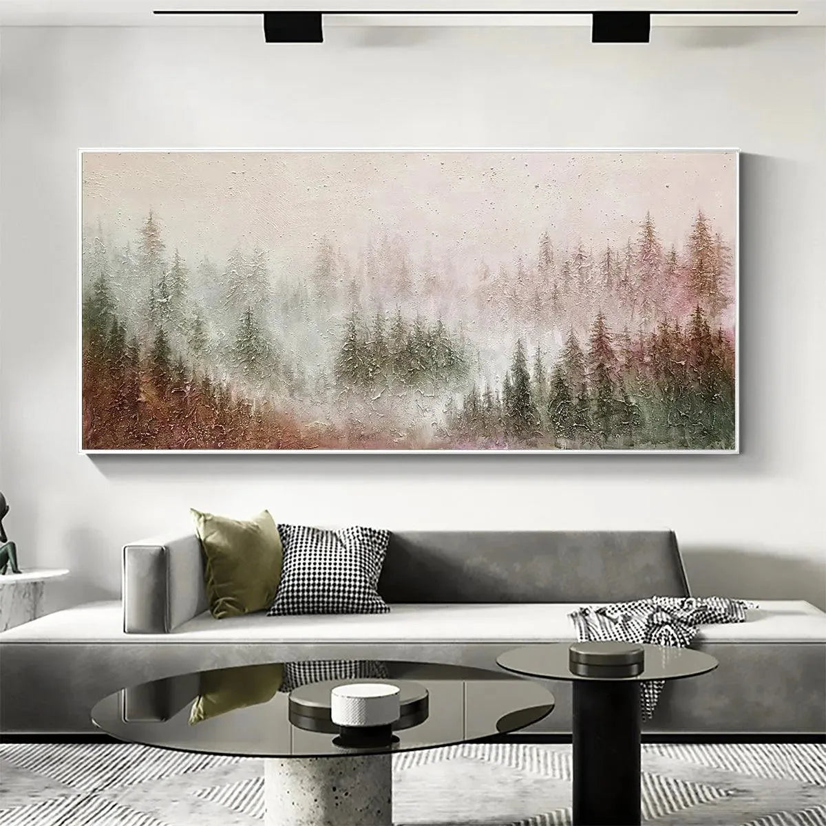 MISTY PINES: Panoramic Soft Fog Pine Forest Calm Green Grey Canvas
