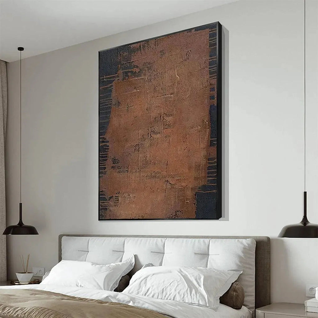 Textured abstract wall art in brown and black, modern bedroom decor piece.