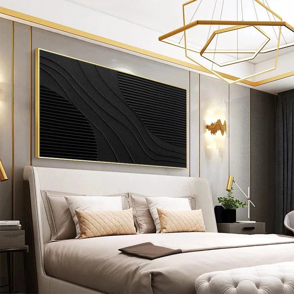 Black Texture minimalist painting with wave-like ridges above bed in bedroom