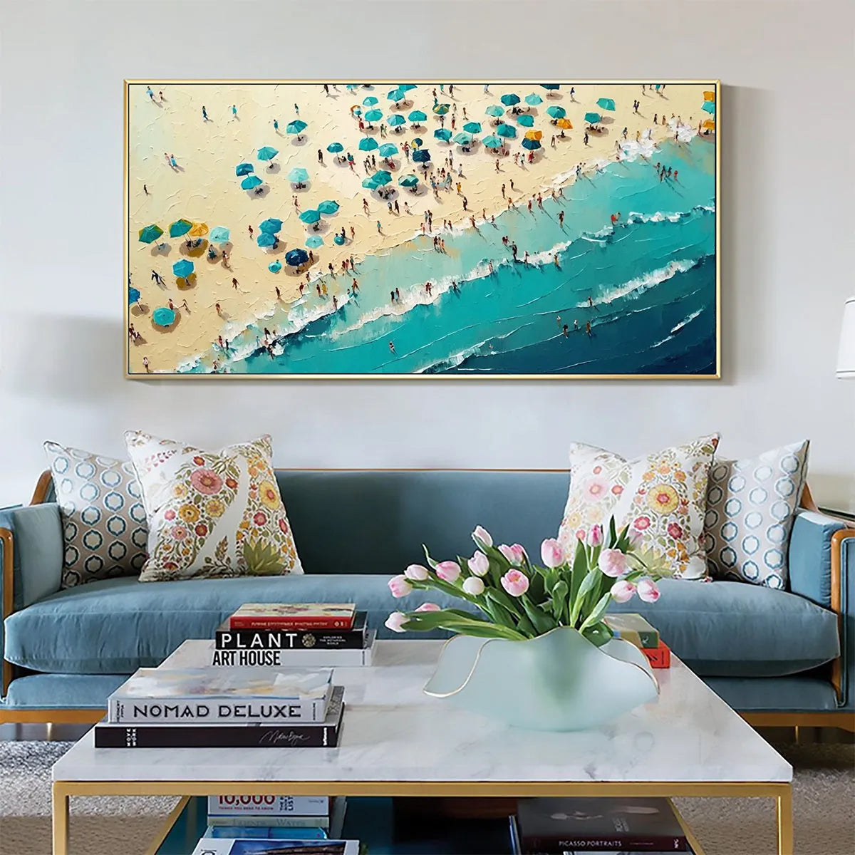 SUMMER AFTERNOON: Colorful Beach Umbrellas Turquoise Waves Oil Painting