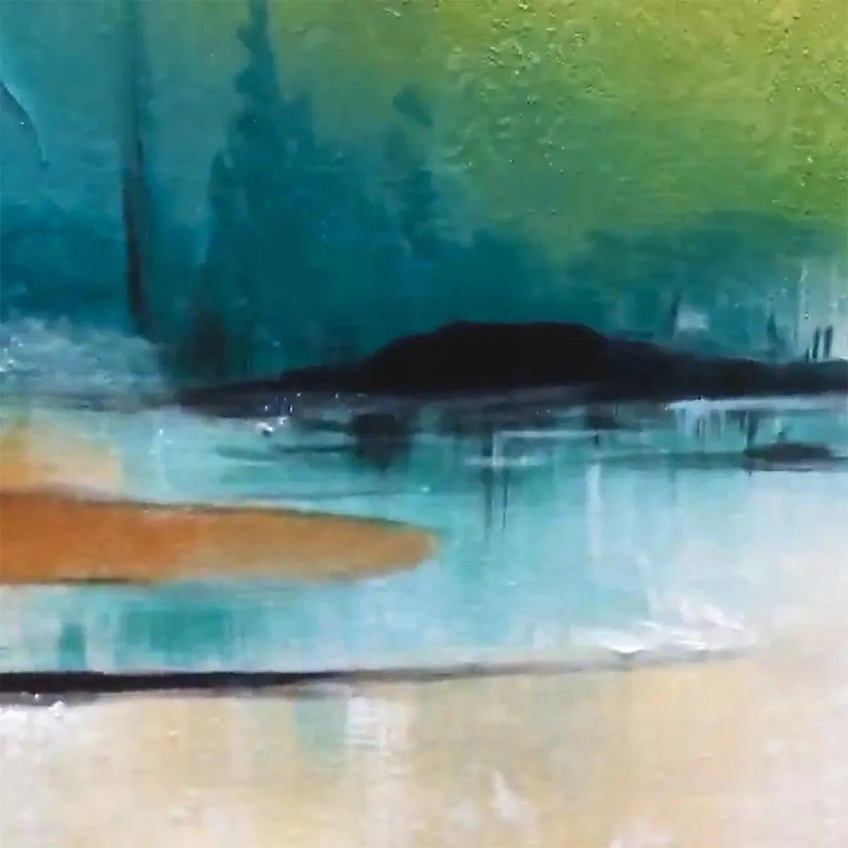 Original textured landscape oil painting Autumn Valley by Isabella Rossi with warm teal, green, and orange tones.