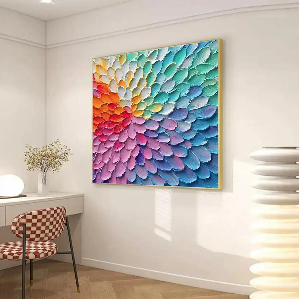 Isabella Rossi's RAINBOW BURST painting. Textured impasto abstract art in vibrant rainbow colors on a square canvas.
