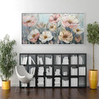 Textured impasto floral painting of soft pink and white blossoms, French elegance for living room.