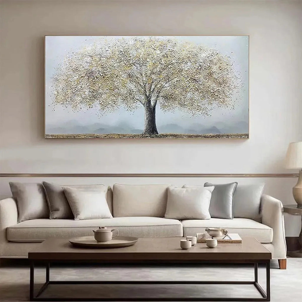 Golden Tree painting by Javier Ramirez: Textured gold and grey art. Modern decor for serene living spaces.