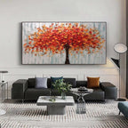 Autumn Fire textured impasto oil painting featuring vibrant orange and red tree in modern living room setting.