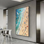 Textured painting of aerial beach scene with blue waves, sand, and colorful figures enjoying the sun. Boats offshore.