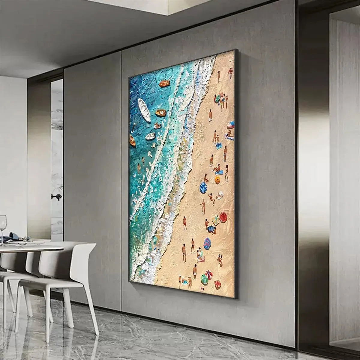 Textured painting of aerial beach scene with blue waves, sand, and colorful figures enjoying the sun. Boats offshore.