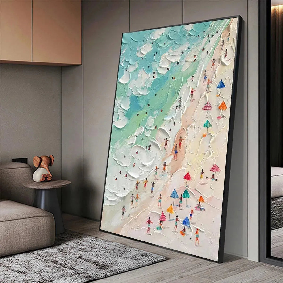 Textured impasto painting of a crowded beach scene with colorful umbrellas and figures, vertical orientation.