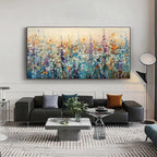 WILD MEADOW painting: Textured impasto wildflower meadow painting by Isabella Rossi in a black frame for modern decor.