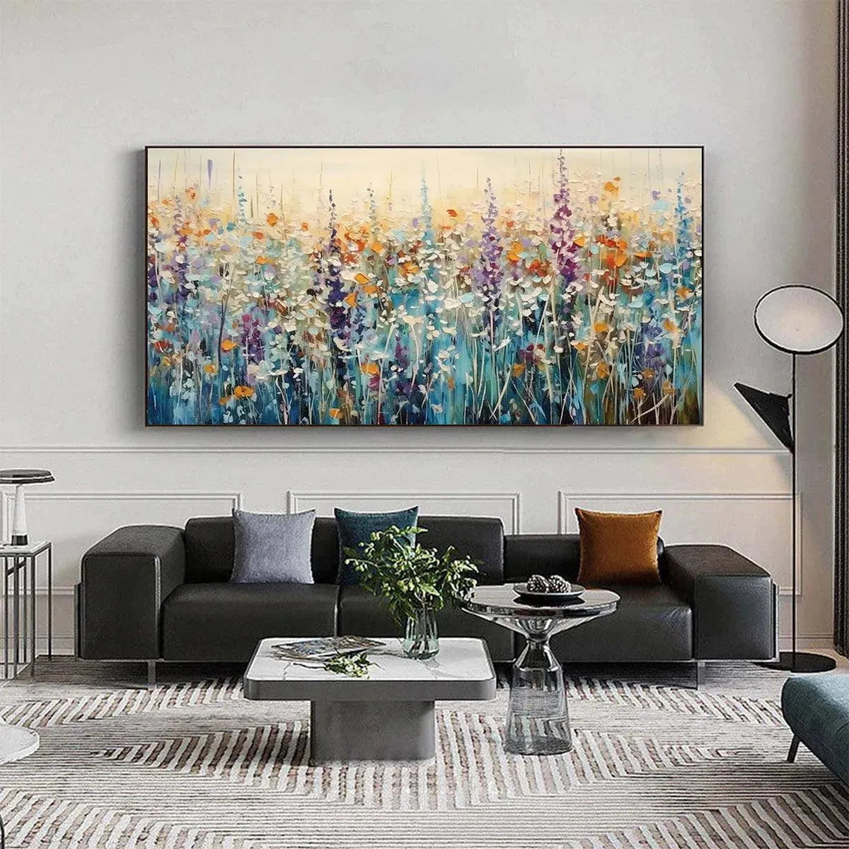 WILD MEADOW painting: Textured impasto wildflower meadow painting by Isabella Rossi in a black frame for modern decor.