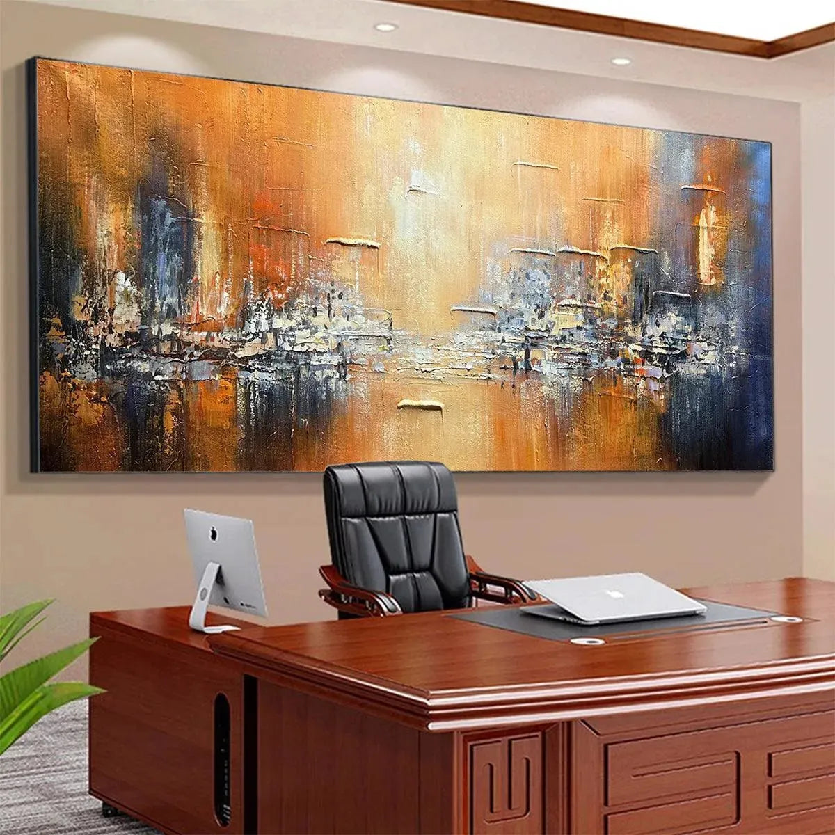 Golden City horizontal impasto painting in office, abstract cityscape art with orange, blue, gold textures.
