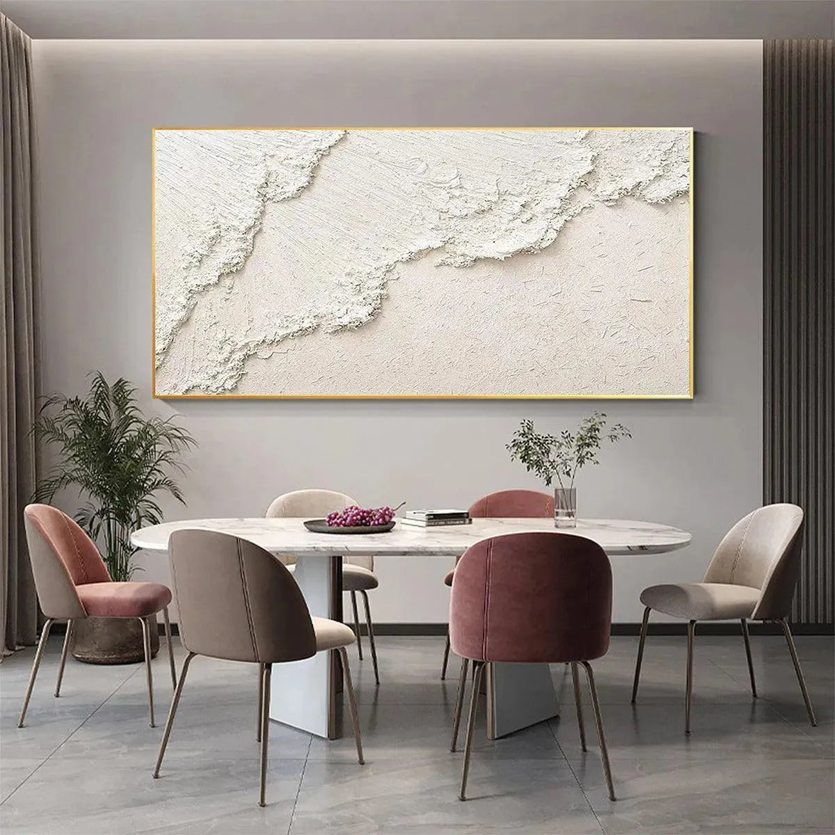 White Crest impasto seascape painting displayed above a dining table in a modern home, showcasing textured white waves.
