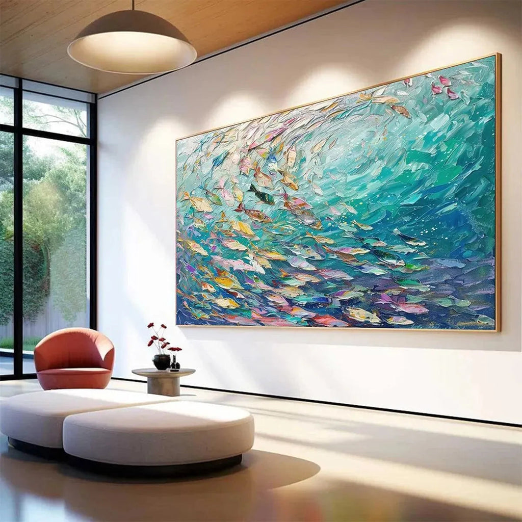 Ocean Currents abstract impasto painting: school of fish in vibrant blue-green water, shown in a lifestyle setting.