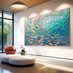 Ocean Currents abstract impasto painting: school of fish in vibrant blue-green water, shown in a lifestyle setting.