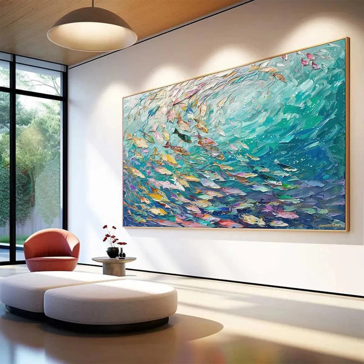 Ocean Currents abstract impasto painting: school of fish in vibrant blue-green water, shown in a lifestyle setting.