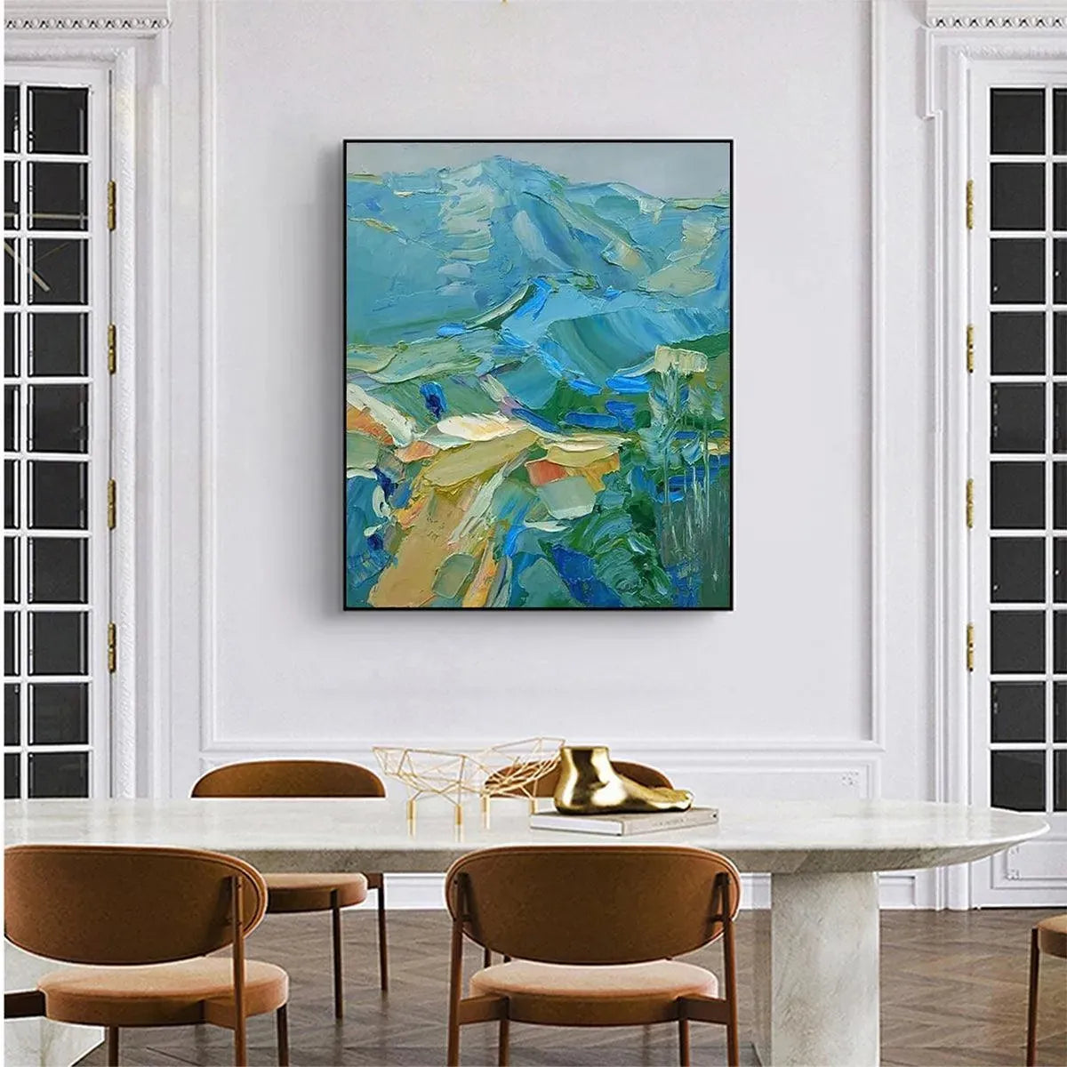 Blue Ridge Mountains textured impasto painting by Isabella Rossi, displayed in a modern dining room setting.