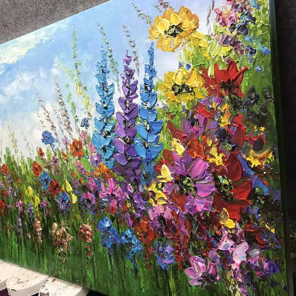 WILD BLOOM MEADOW: Panoramic Impasto Wildflower Field Nature Canvas